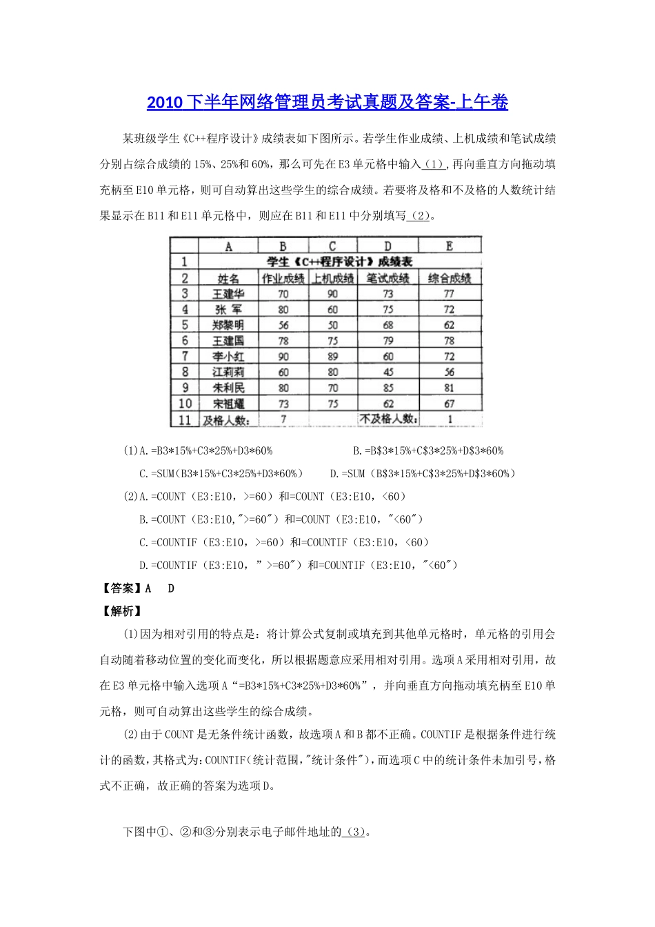 2010下半年网络管理员考试真题及答案-上午卷.doc_第1页