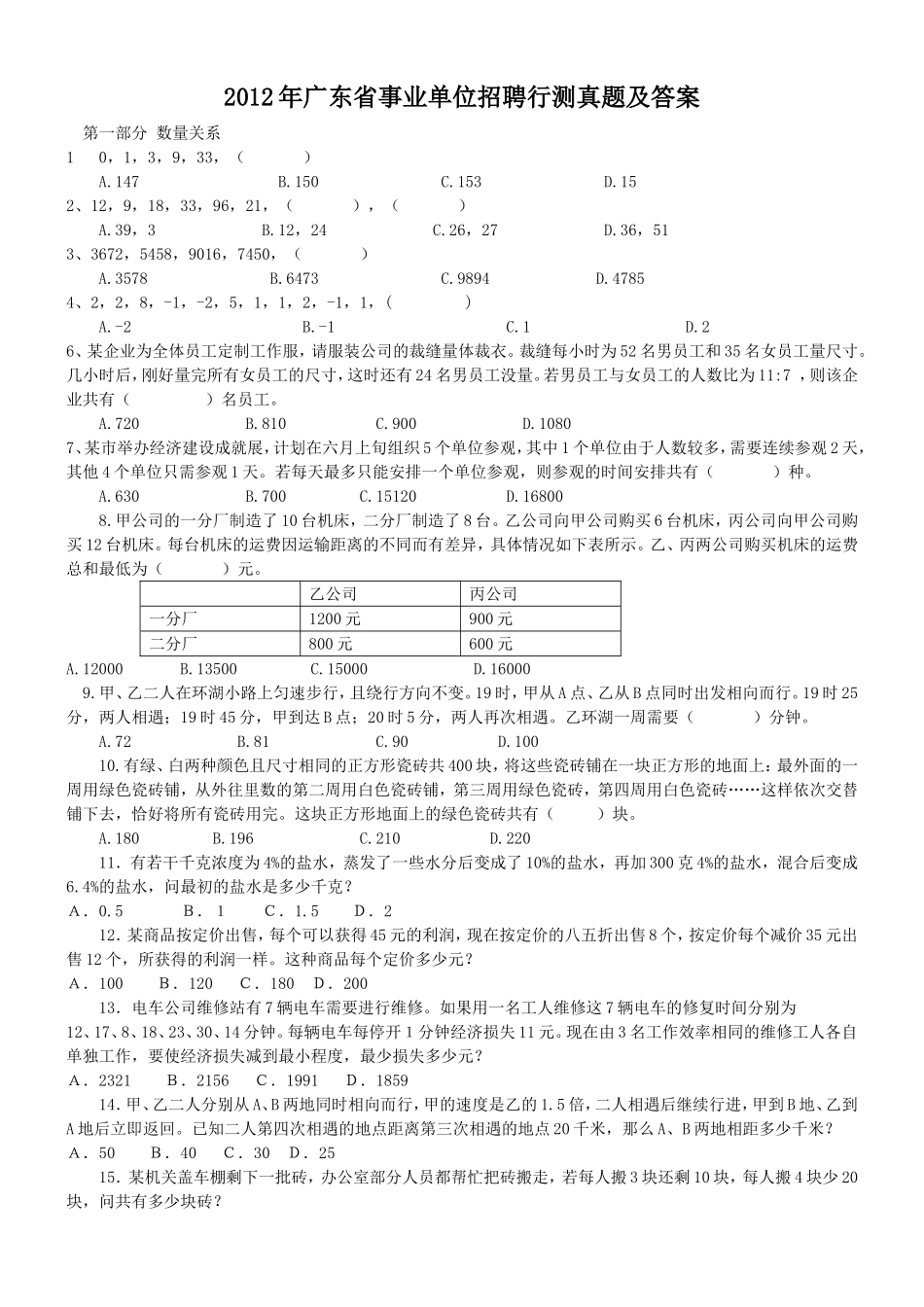 2012年广东省事业单位招聘行测真题及答案.doc_第1页