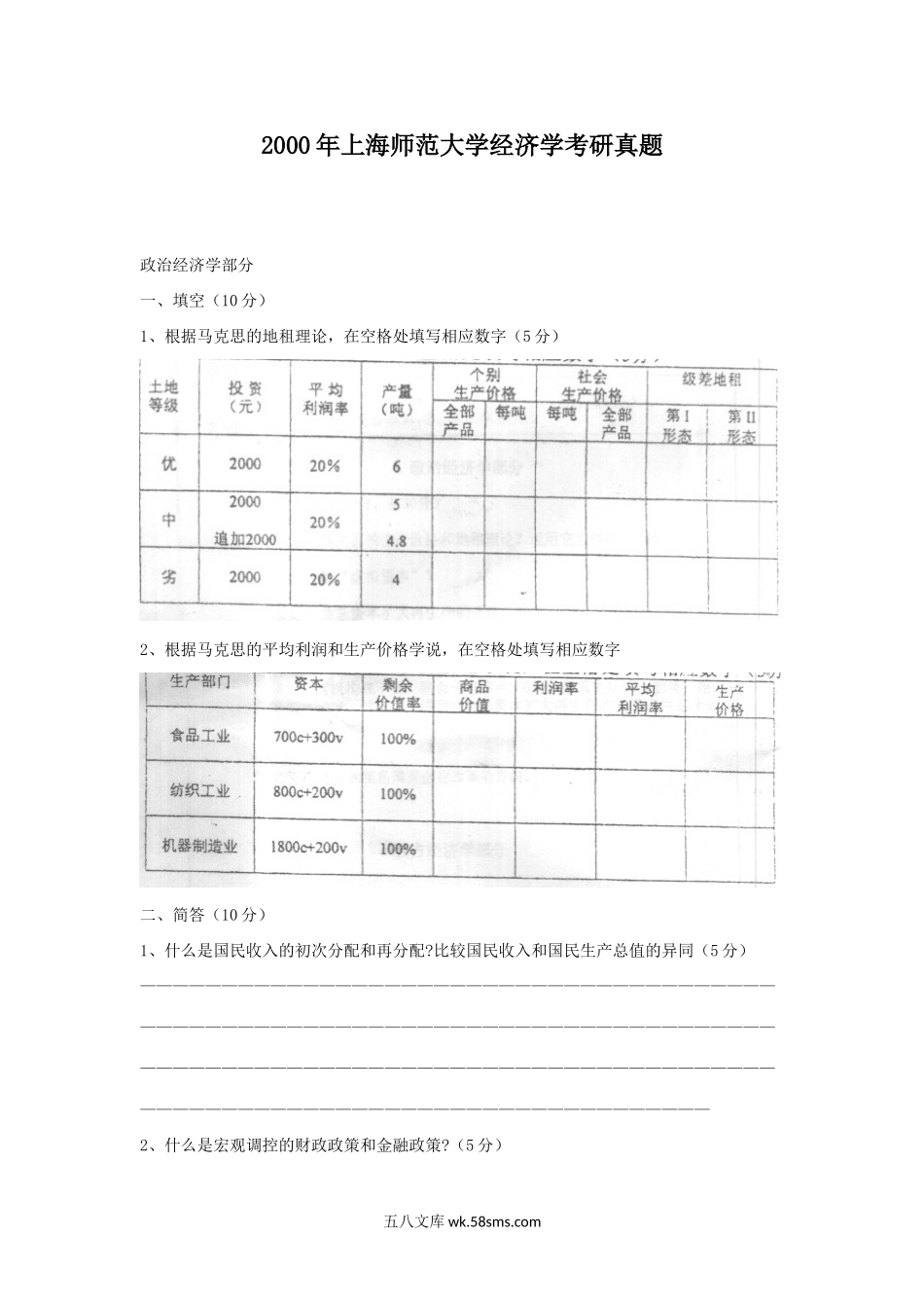 2000年上海师范大学经济学考研真题.doc_第1页