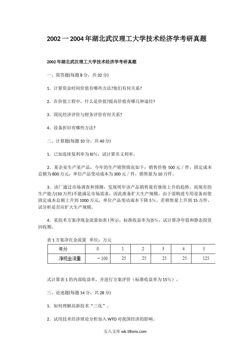 2002一2004年湖北武汉理工大学技术经济学考研真题.doc_第1页