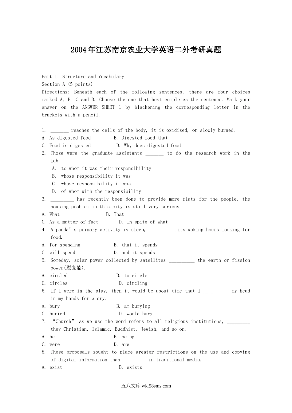 2004年江苏南京农业大学英语二外考研真题.doc_第1页