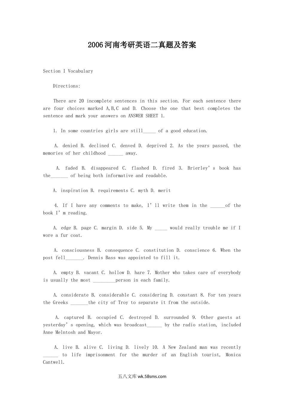 2006河南考研英语二真题及答案.doc_第1页