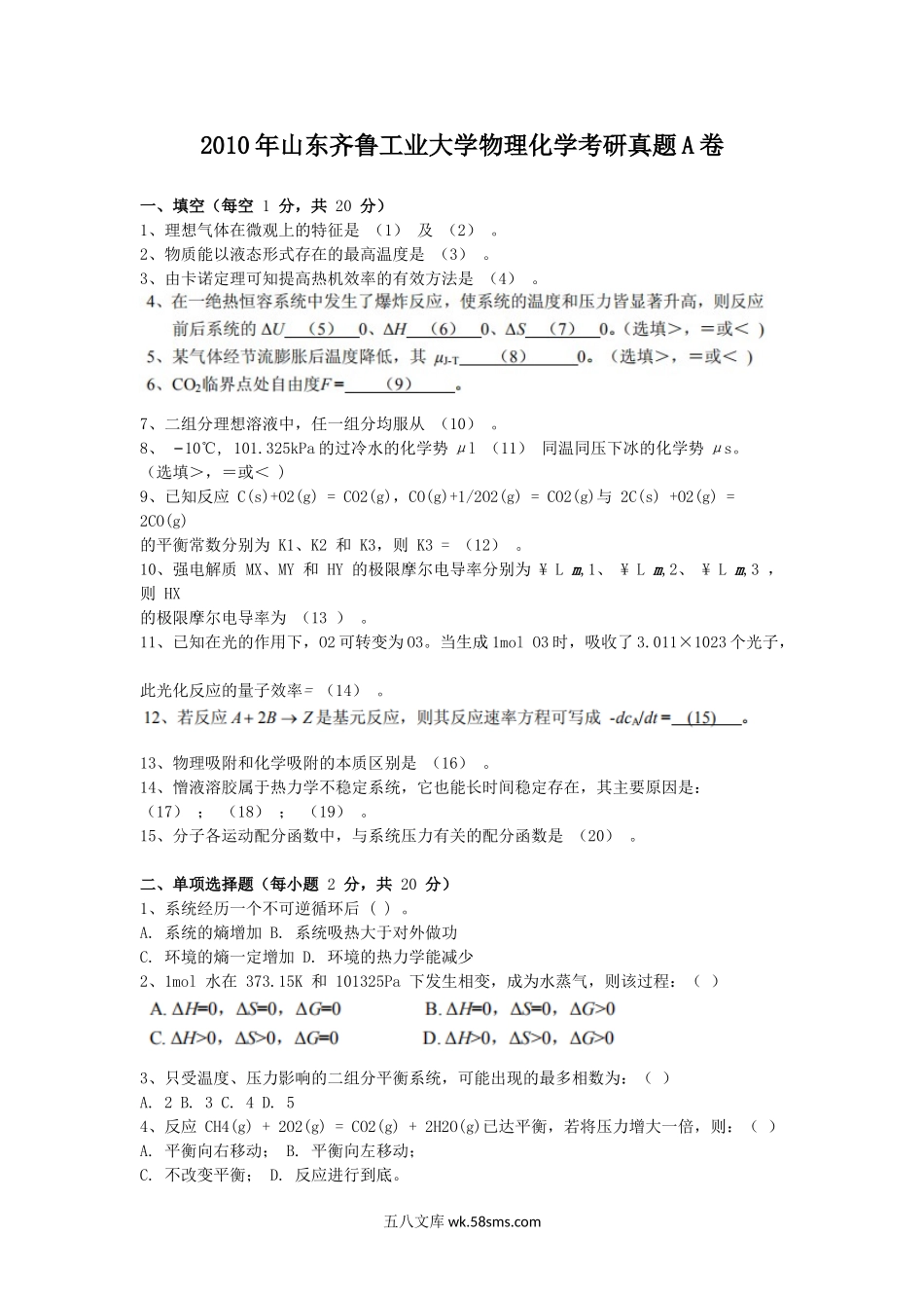 2010年山东齐鲁工业大学物理化学考研真题A卷.doc_第1页