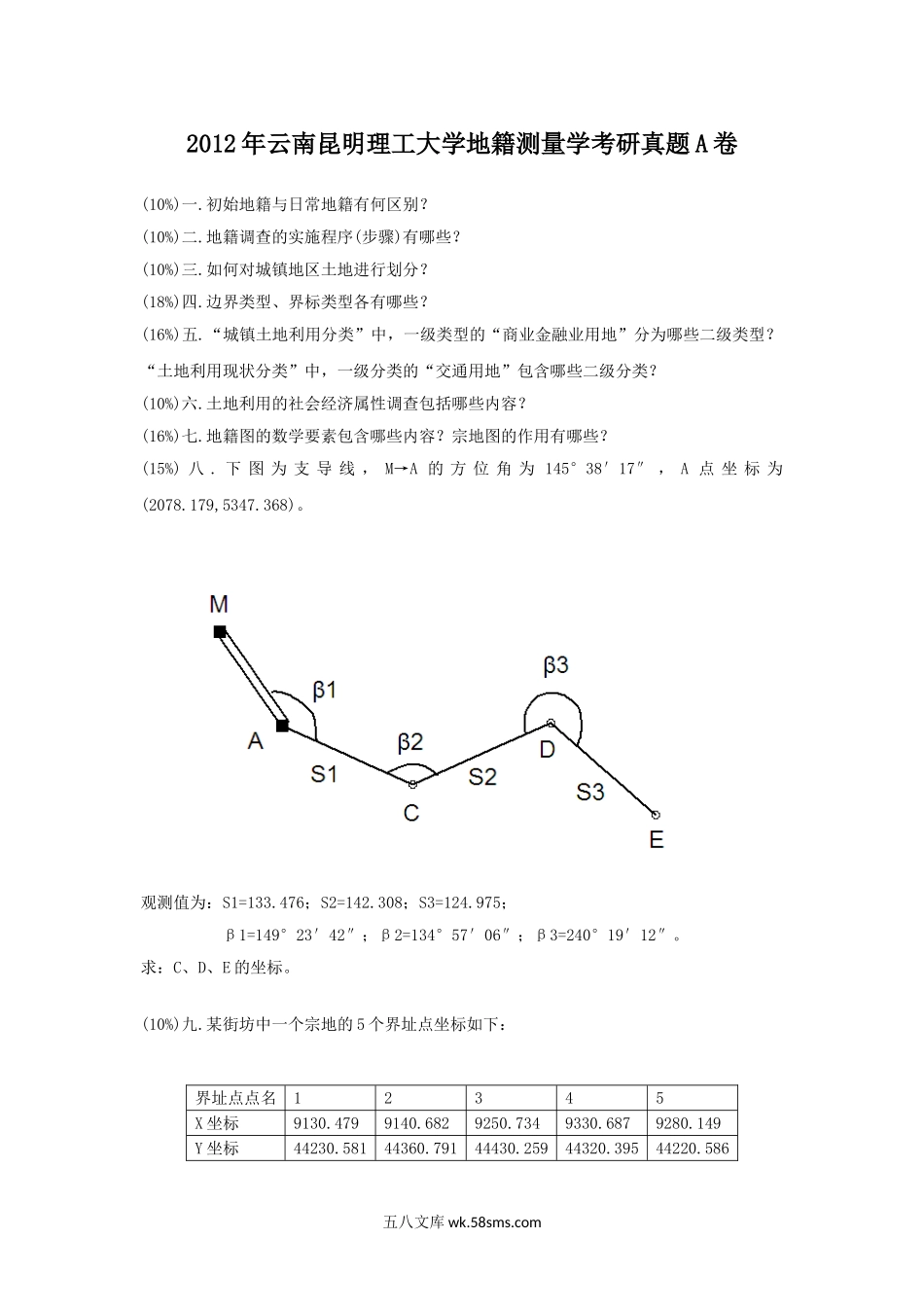 2012年云南昆明理工大学地籍测量学考研真题A卷.doc_第1页