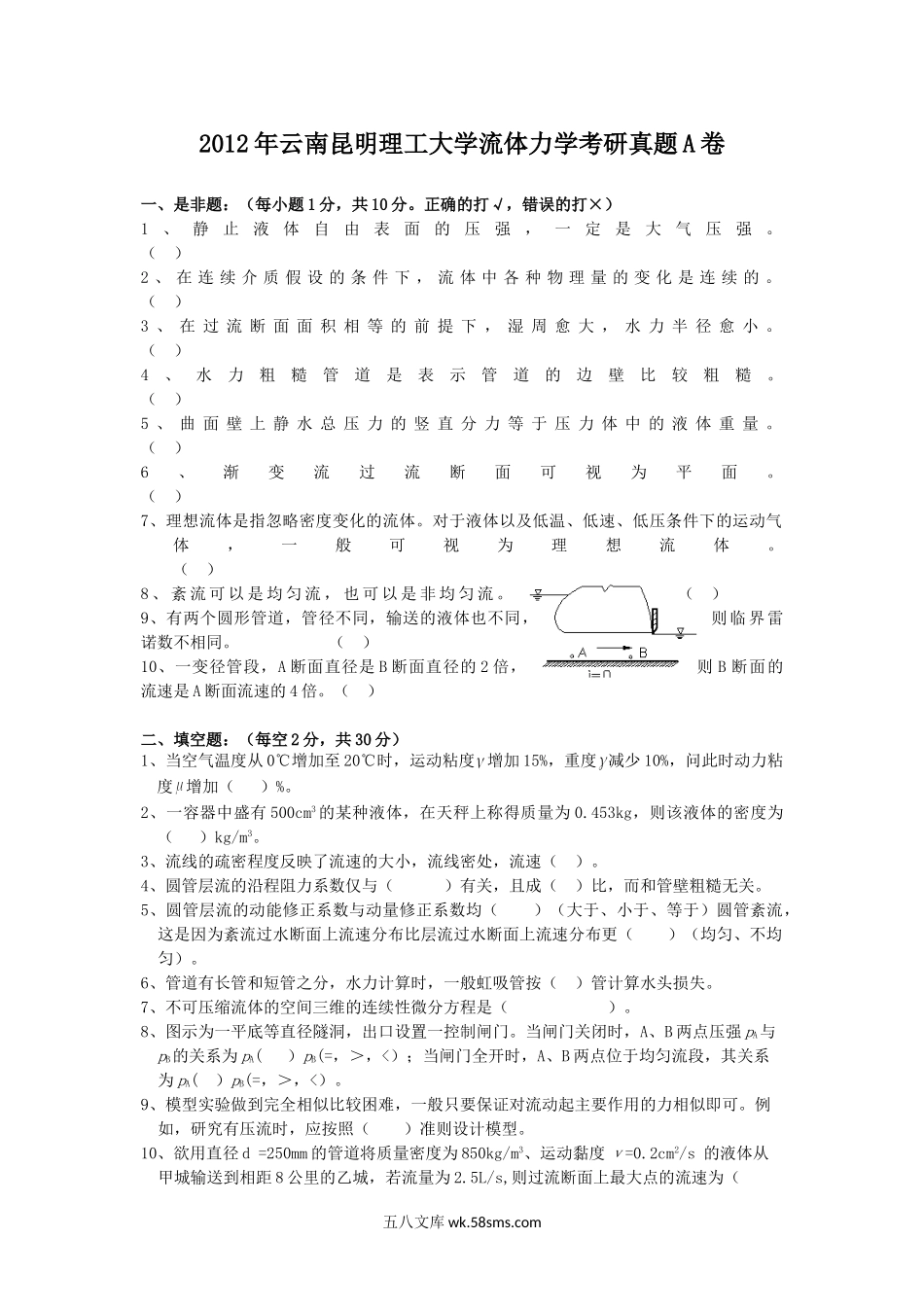 2012年云南昆明理工大学流体力学考研真题A卷.doc_第1页