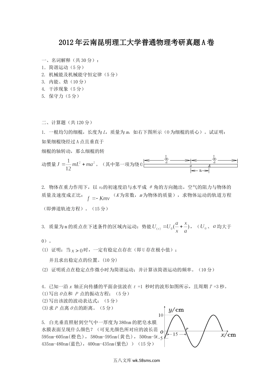 2012年云南昆明理工大学普通物理考研真题A卷.doc_第1页