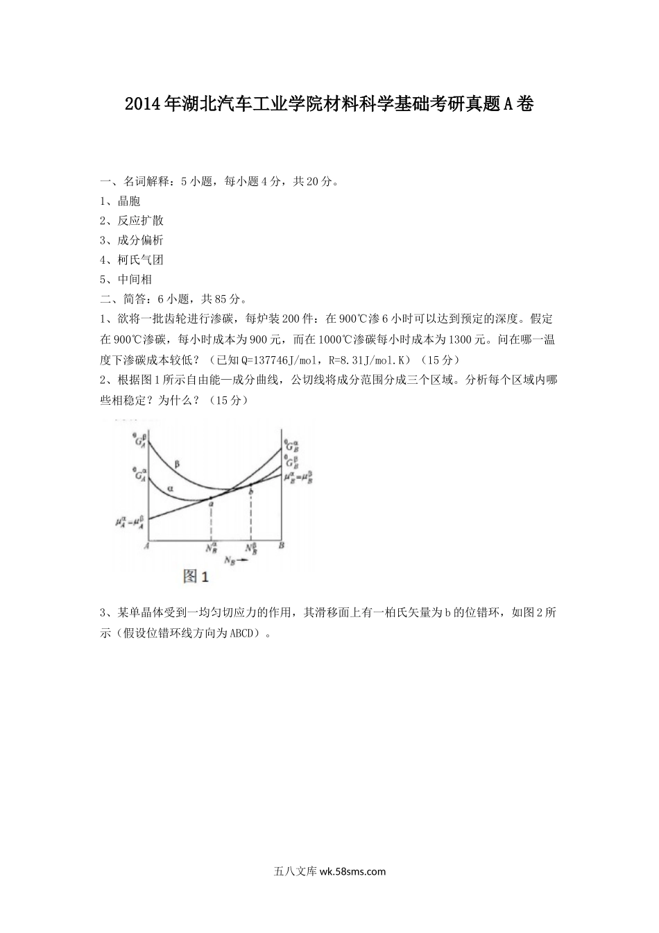 2014年湖北汽车工业学院材料科学基础考研真题A卷.doc_第1页