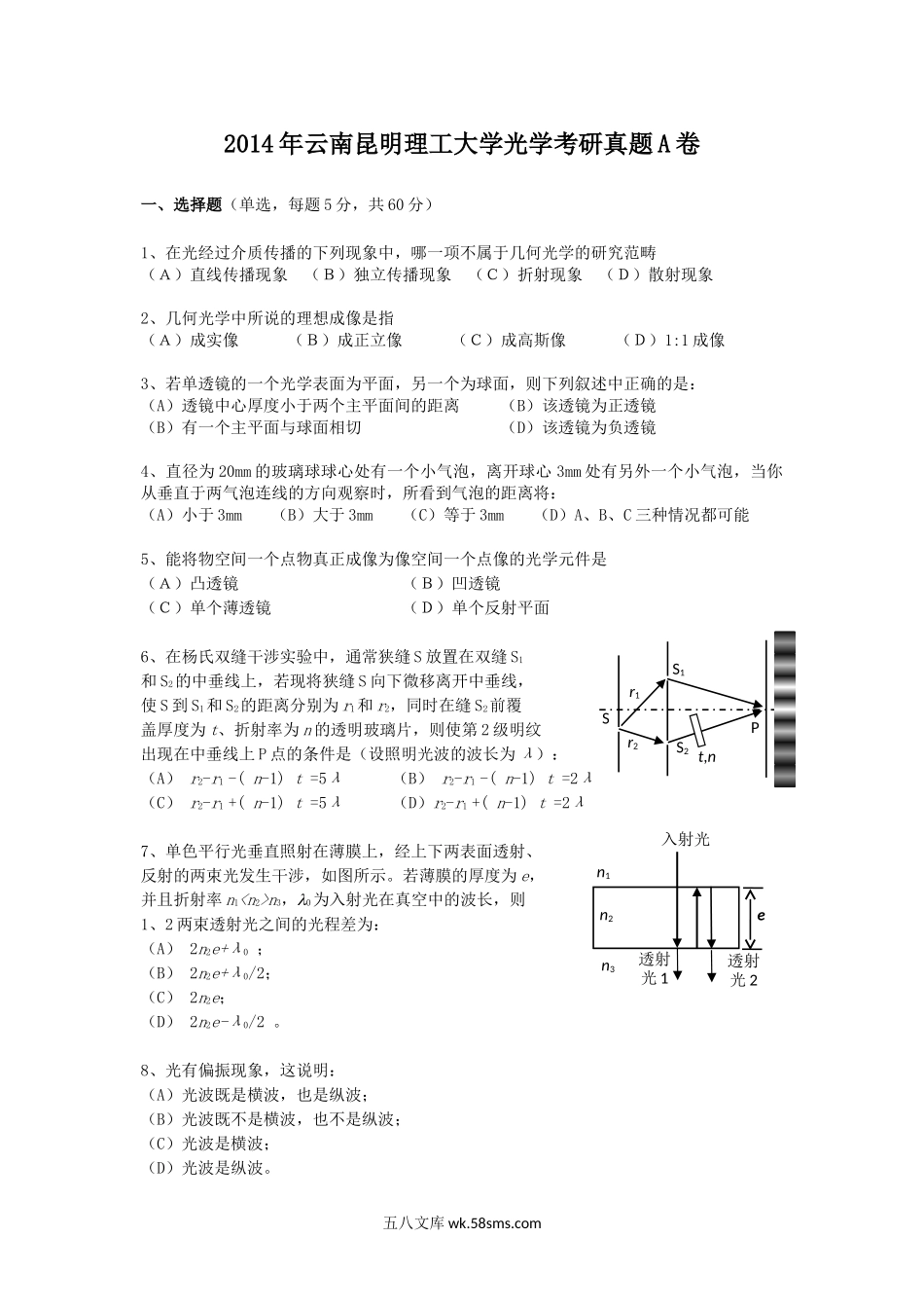 2014年云南昆明理工大学光学考研真题A卷.doc_第1页