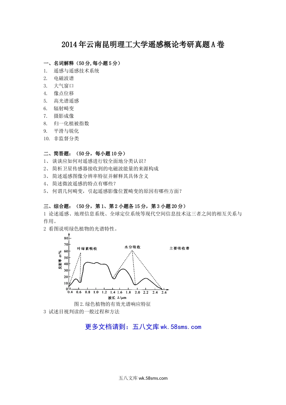 2014年云南昆明理工大学遥感概论考研真题A卷.doc_第1页