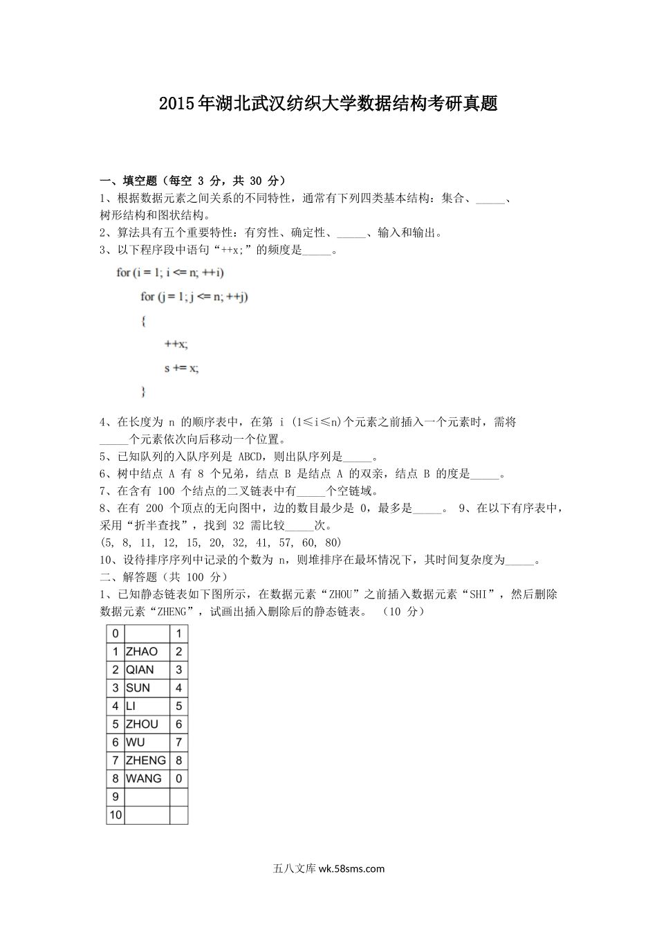 2015年湖北武汉纺织大学数据结构考研真题.doc_第1页