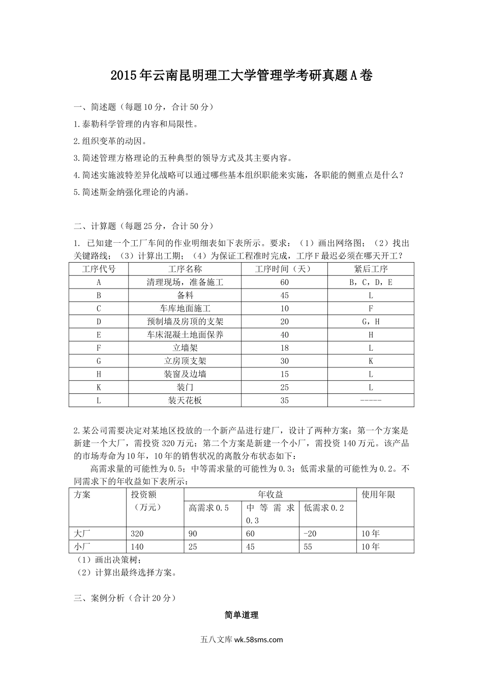 2015年云南昆明理工大学管理学考研真题A卷.doc_第1页