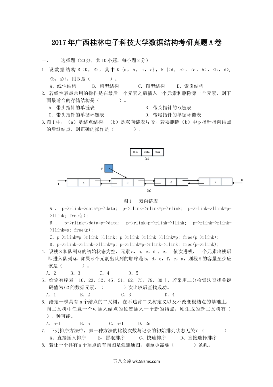 2017年广西桂林电子科技大学数据结构考研真题A卷.doc_第1页