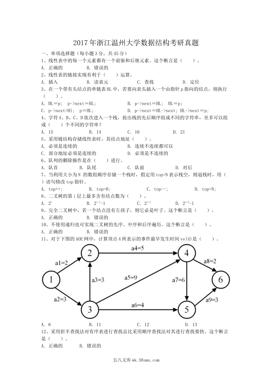 2017年浙江温州大学数据结构考研真题.doc_第1页