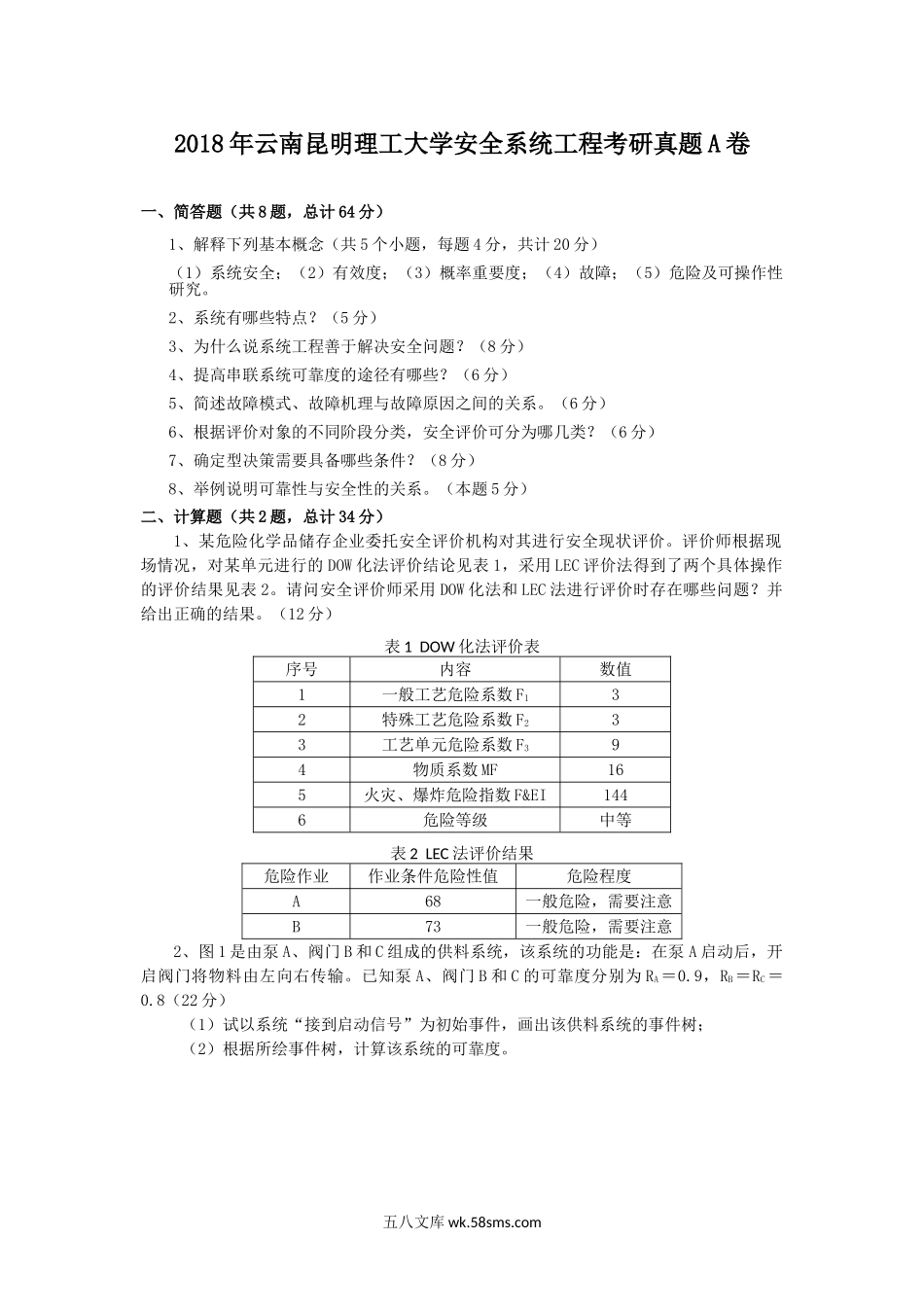 2018年云南昆明理工大学安全系统工程考研真题A卷.doc_第1页