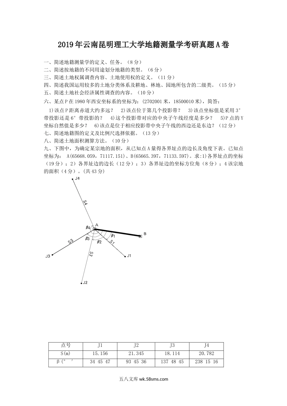 2019年云南昆明理工大学地籍测量学考研真题A卷.doc_第1页