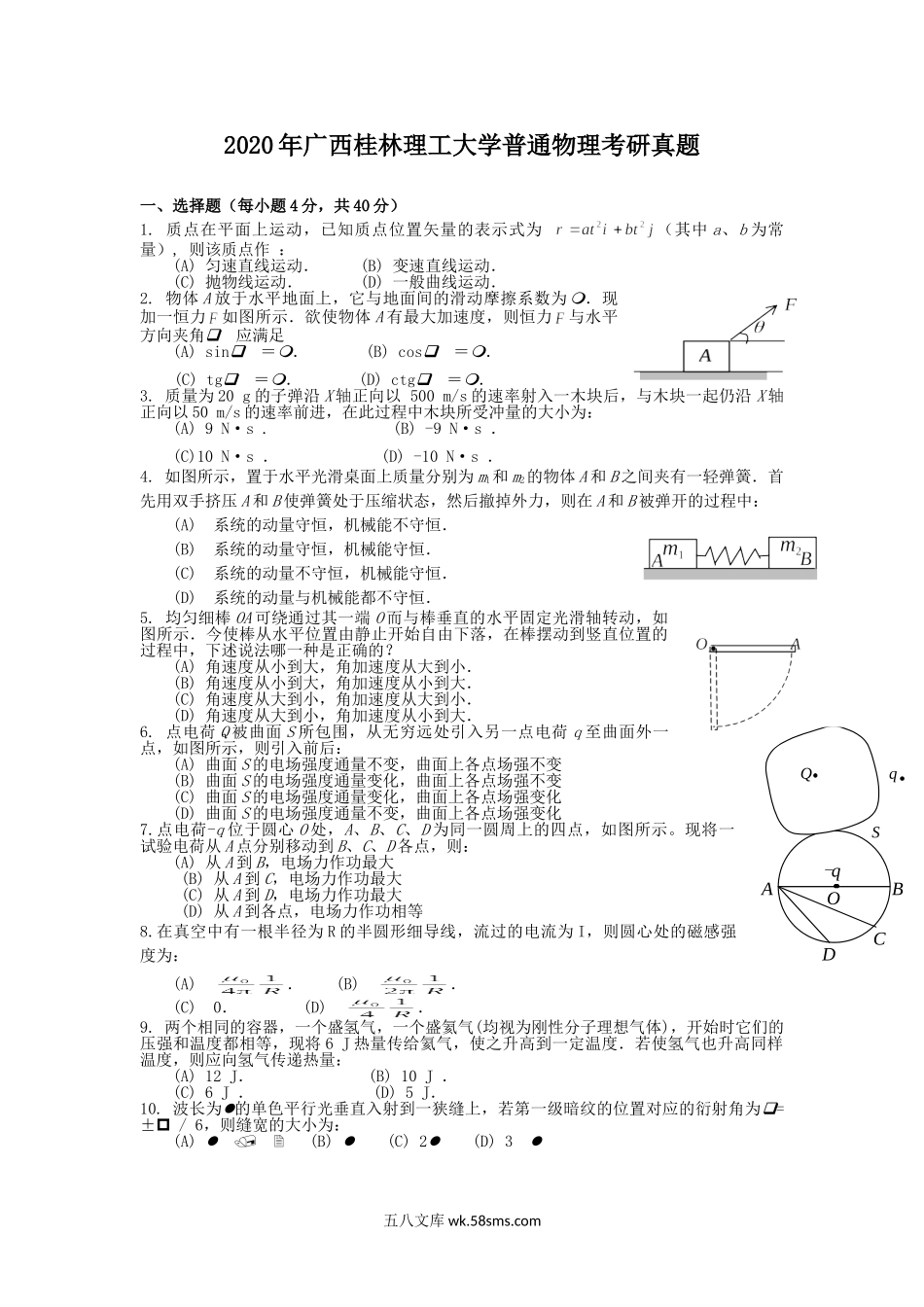 2020年广西桂林理工大学普通物理考研真题.doc_第1页