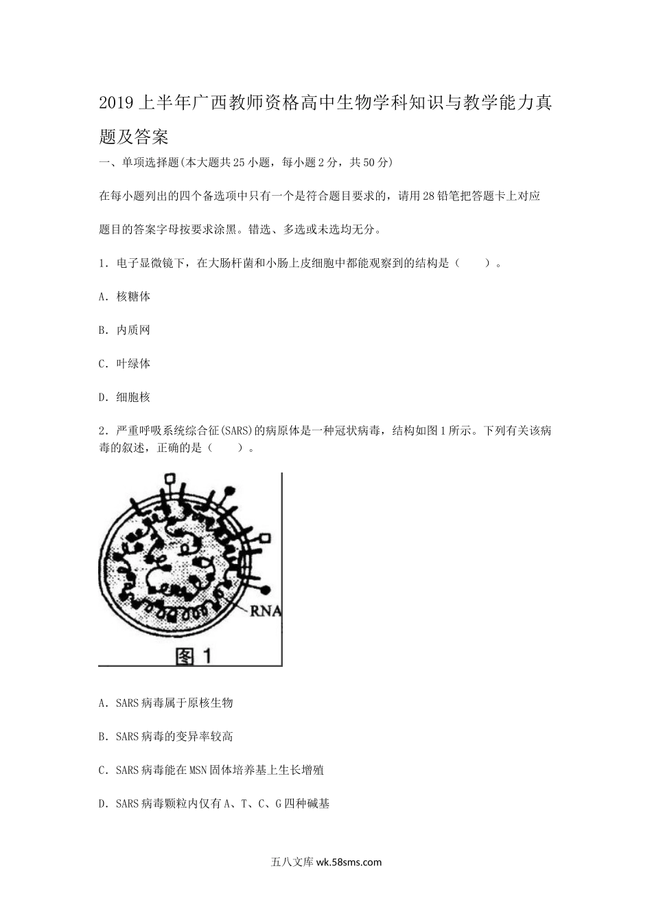 2019上半年广西教师资格高中生物学科知识与教学能力真题及答案.doc_第1页