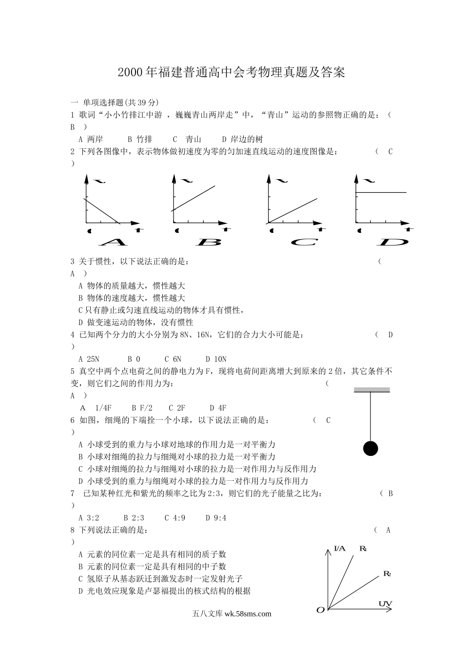 2000年福建普通高中会考物理真题及答案.doc_第1页