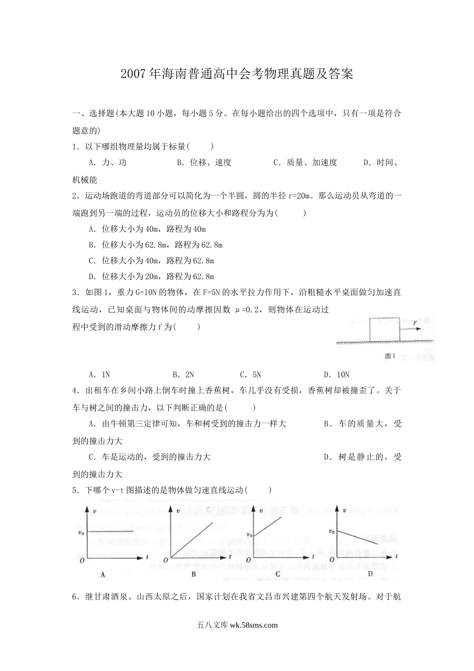 2007年海南普通高中会考物理真题及答案.doc_第1页