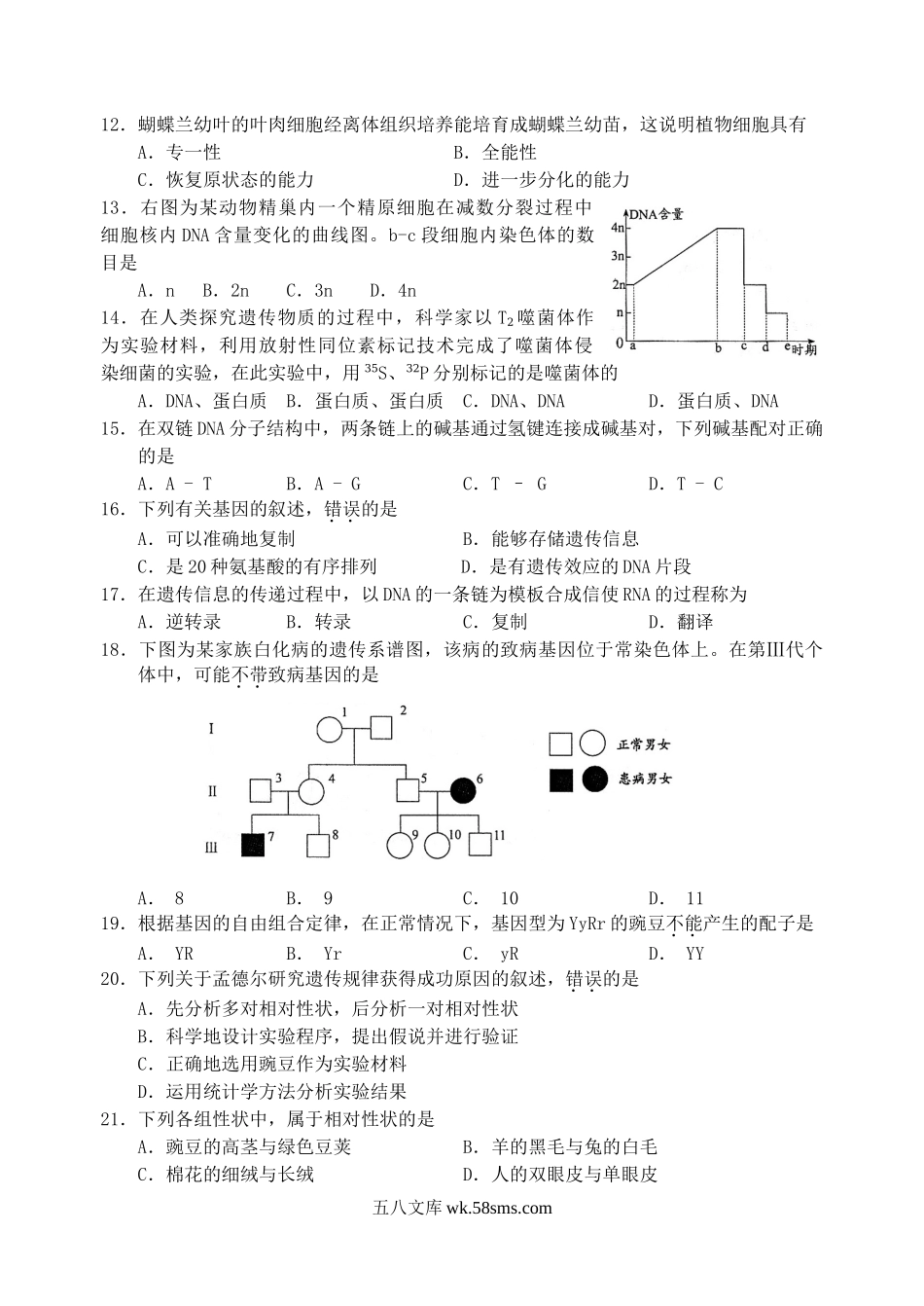 2007年江苏普通高中会考生物真题.doc_第2页