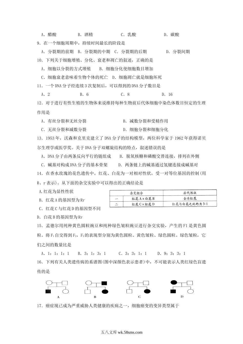 2008年江苏普通高中会考生物真题及答案.doc_第2页