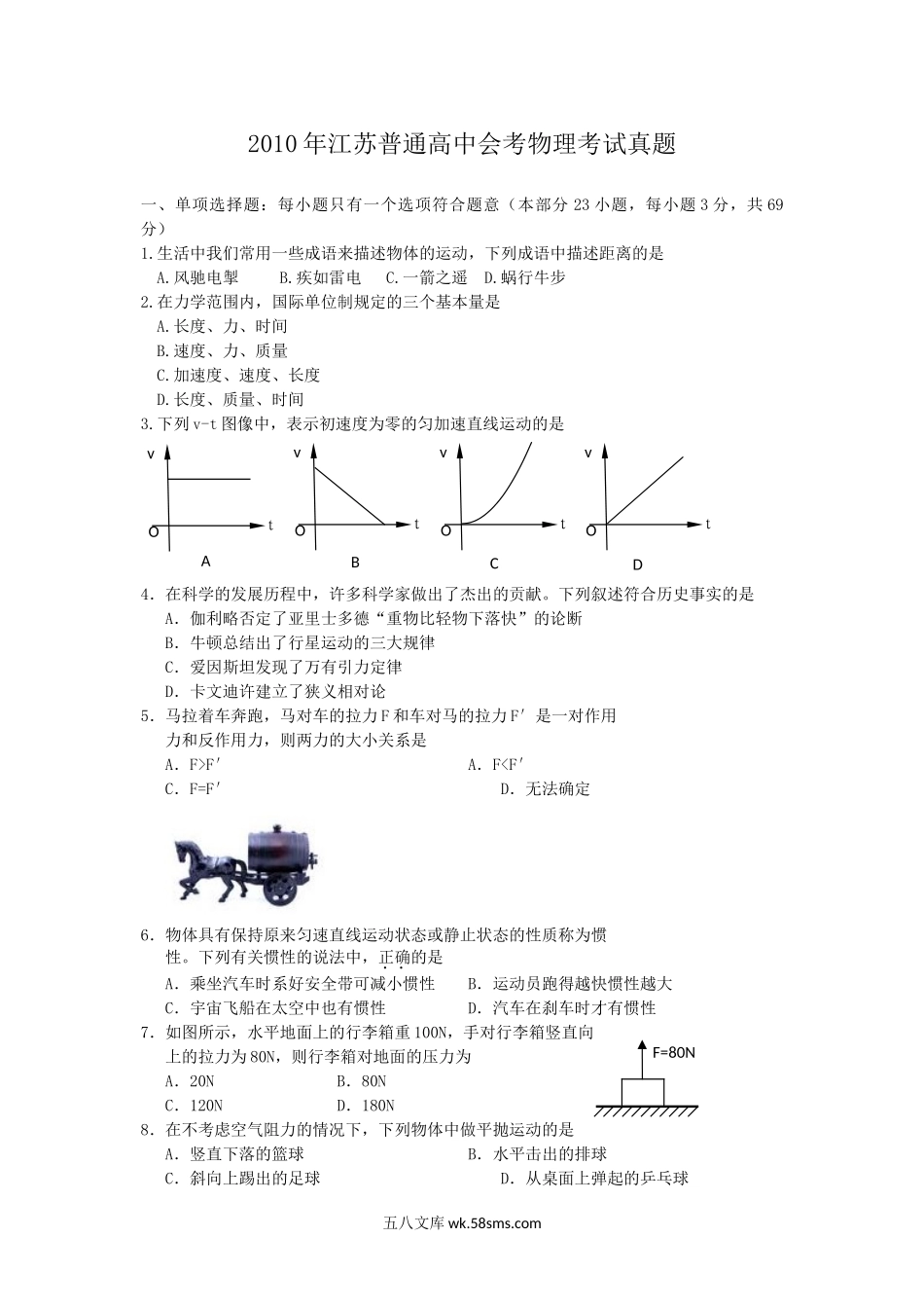 2010年江苏普通高中会考物理考试真题.doc_第1页