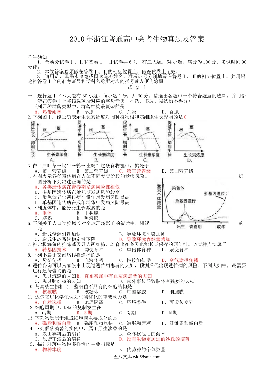 2010年浙江普通高中会考生物真题及答案.doc_第1页