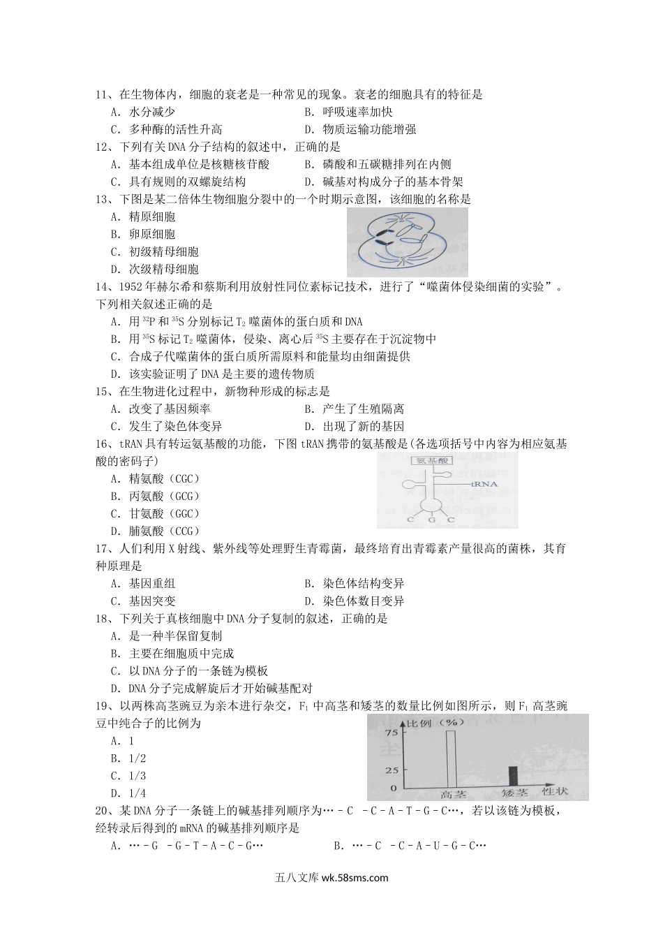 2011年江苏普通高中会考生物真题及答案.doc_第2页