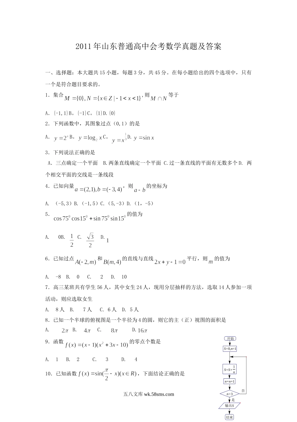 2011年山东普通高中会考数学真题及答案.doc_第1页