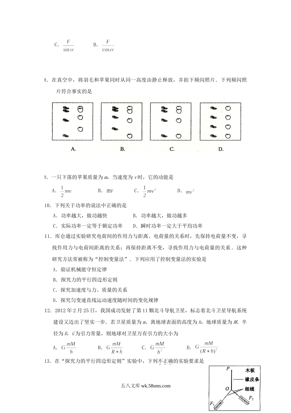 2012年江苏普通高中会考物理真题及答案.doc_第2页