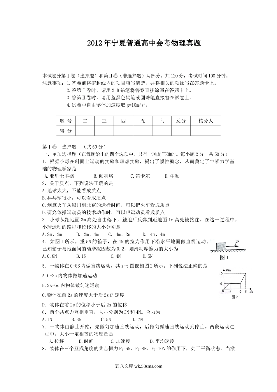 2012年宁夏普通高中会考物理真题.doc_第1页