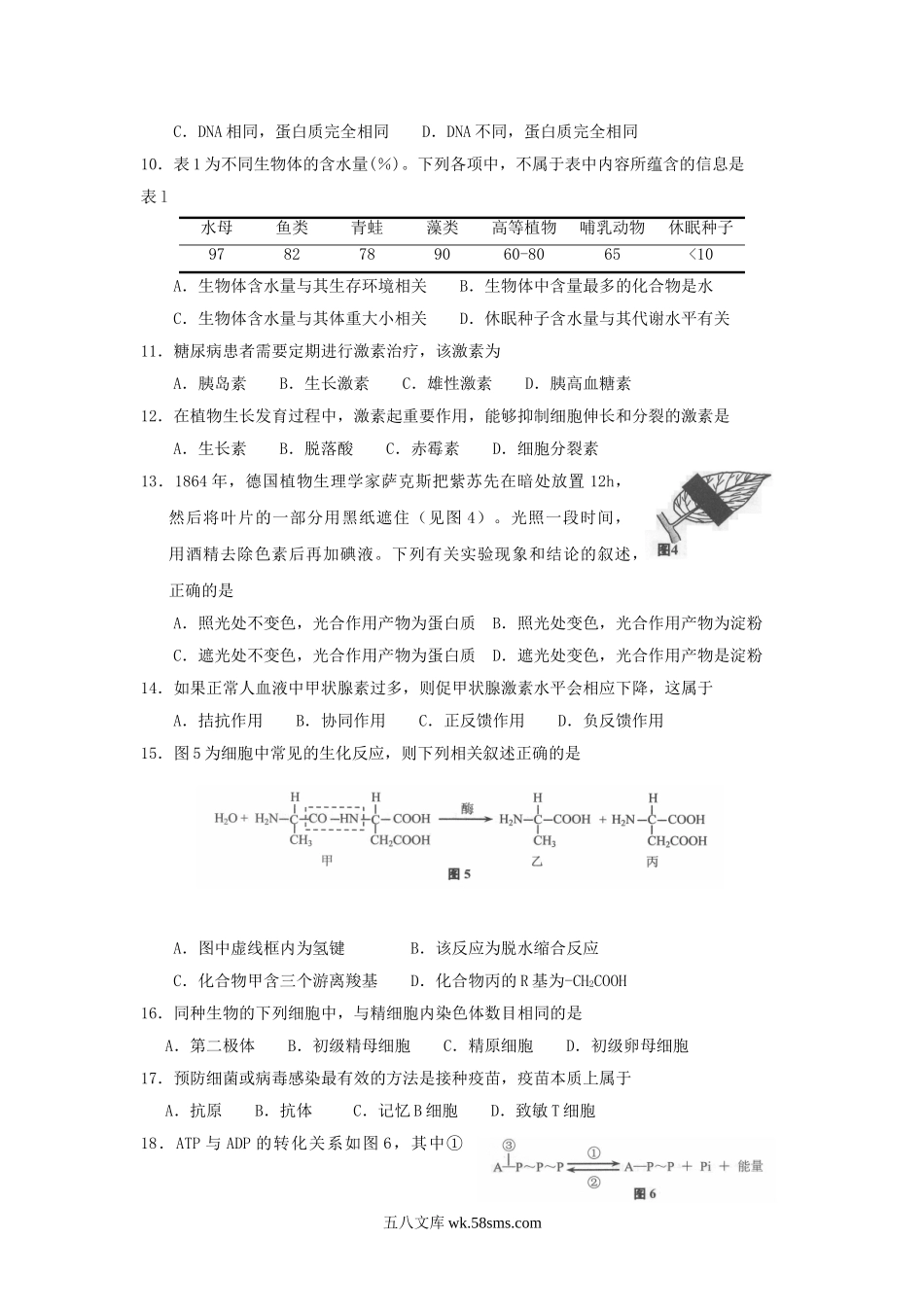 2012年上海普通高中会考生命科学真题及答案.doc_第2页