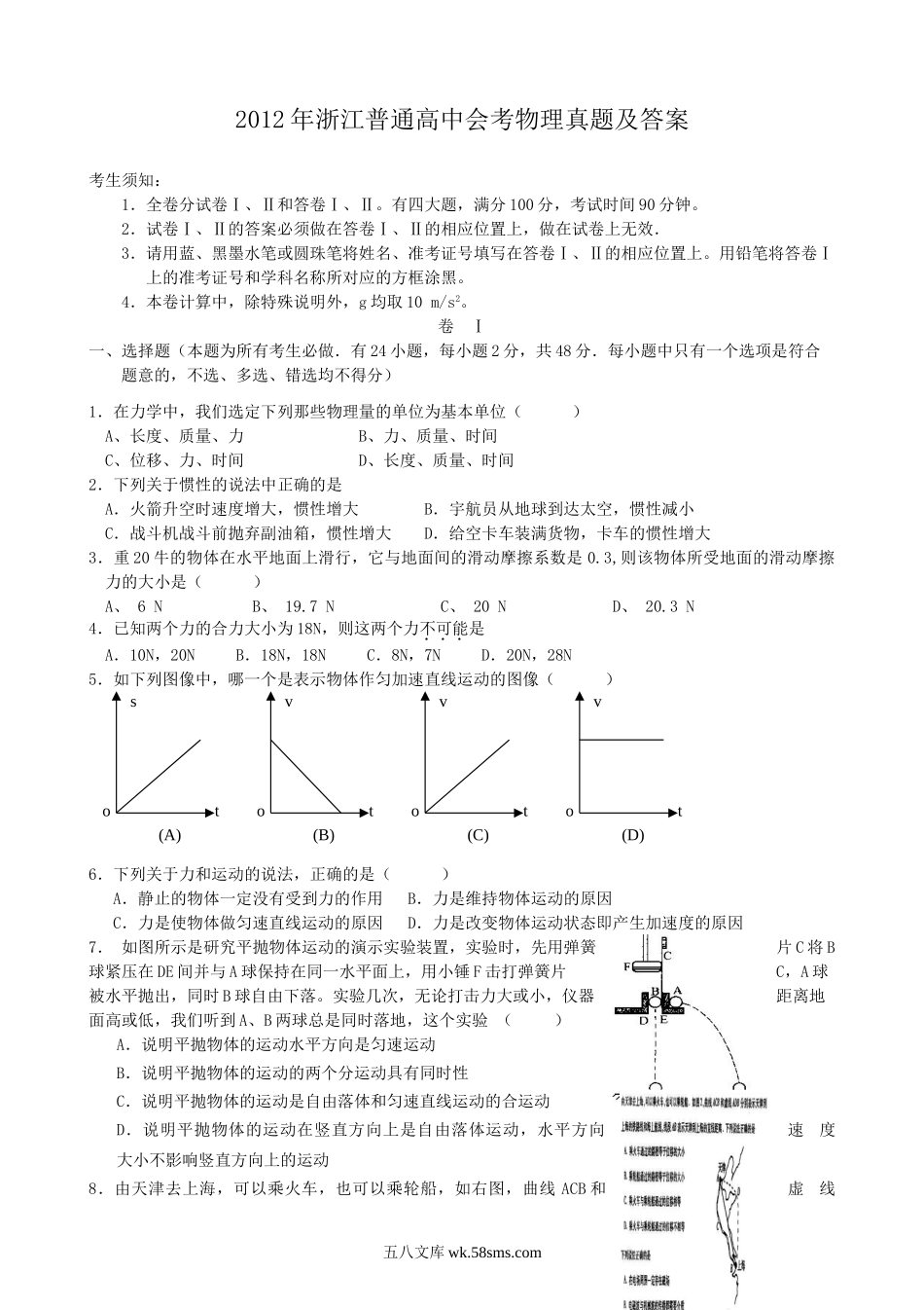 2012年浙江普通高中会考物理真题及答案.doc_第1页