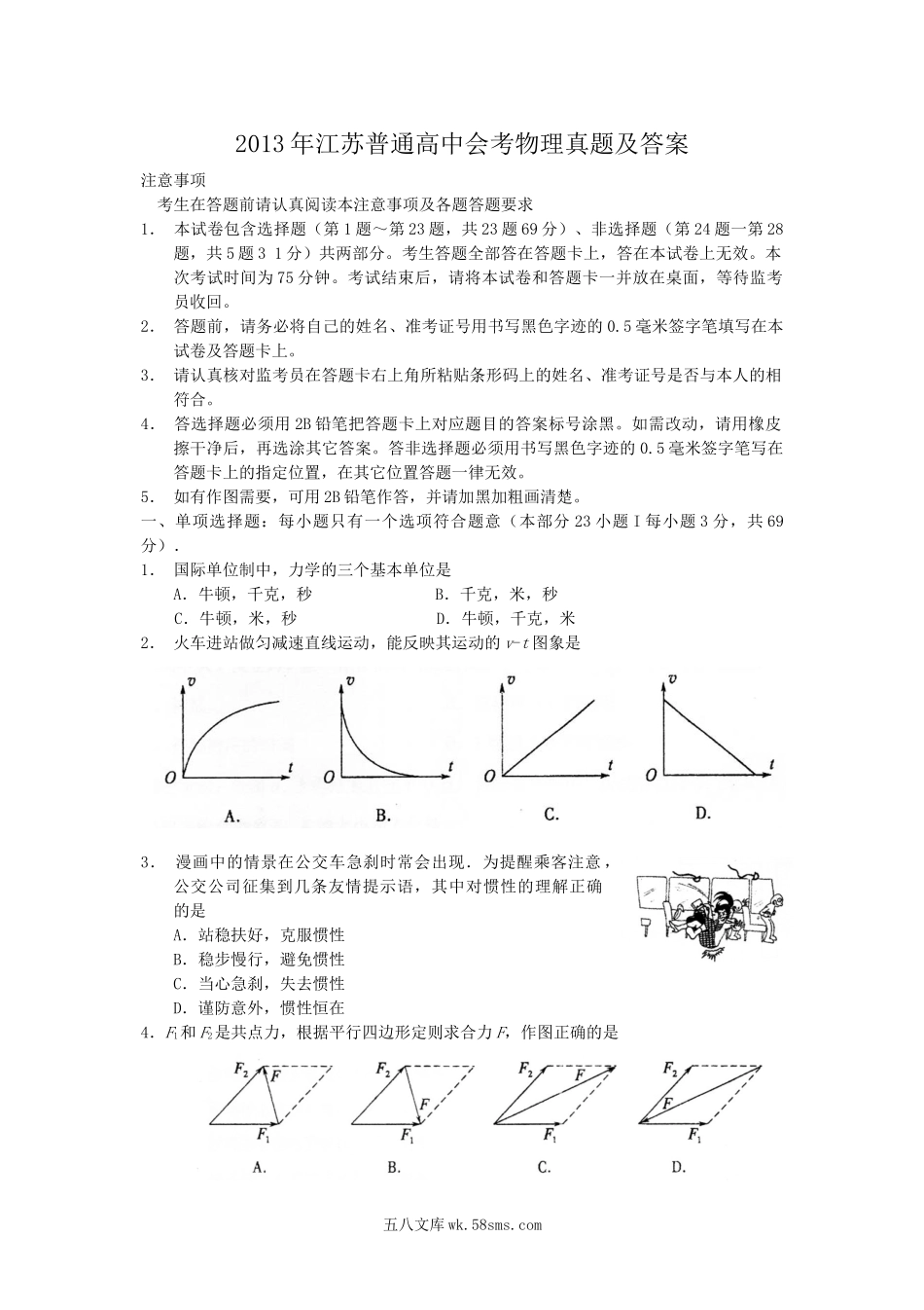 2013年江苏普通高中会考物理真题及答案.doc_第1页