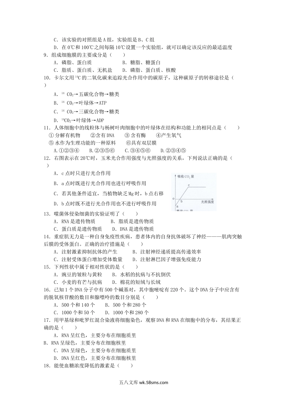 2013年内蒙古普通高中会考生物真题及答案.doc_第2页