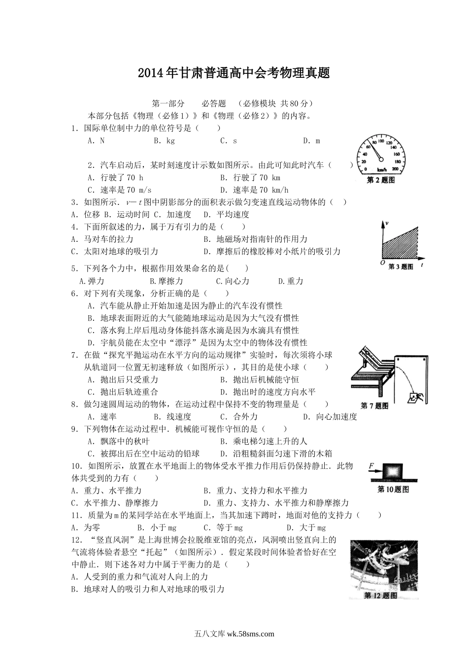 2014年甘肃普通高中会考物理真题.doc_第1页