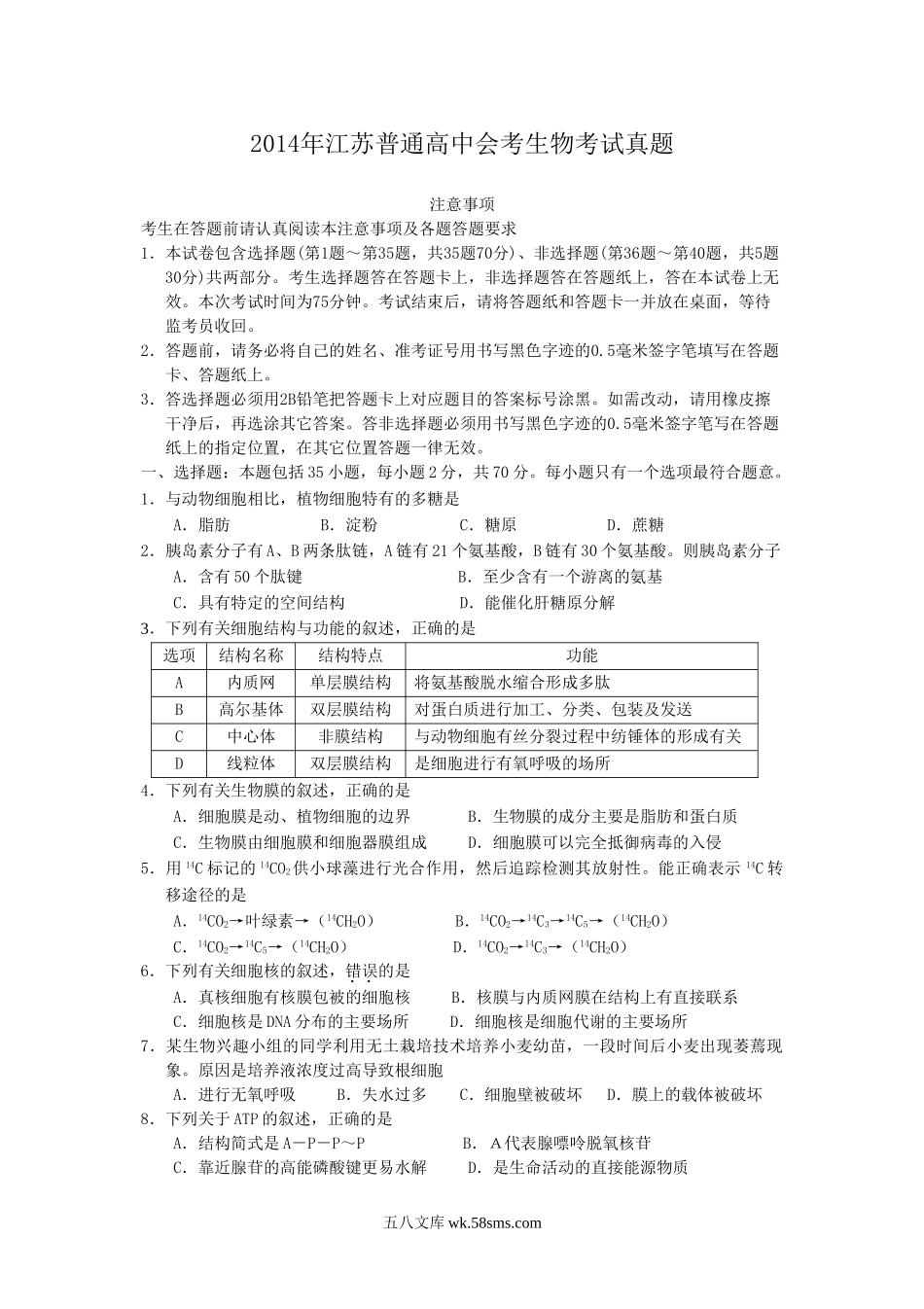 2014年江苏普通高中会考生物考试真题.doc_第1页