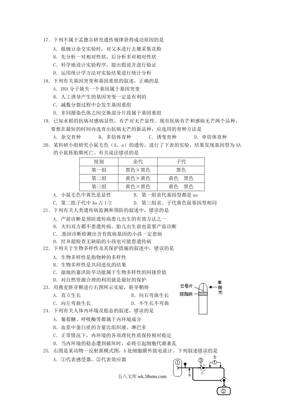 2014年江苏普通高中会考生物考试真题.doc_第3页