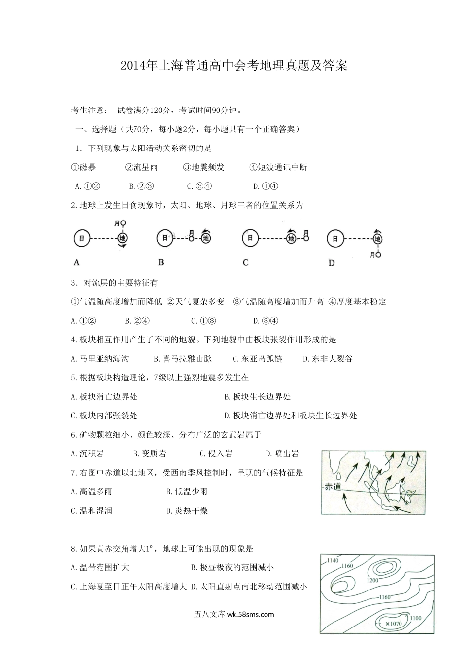 2014年上海普通高中会考地理真题及答案.doc_第1页