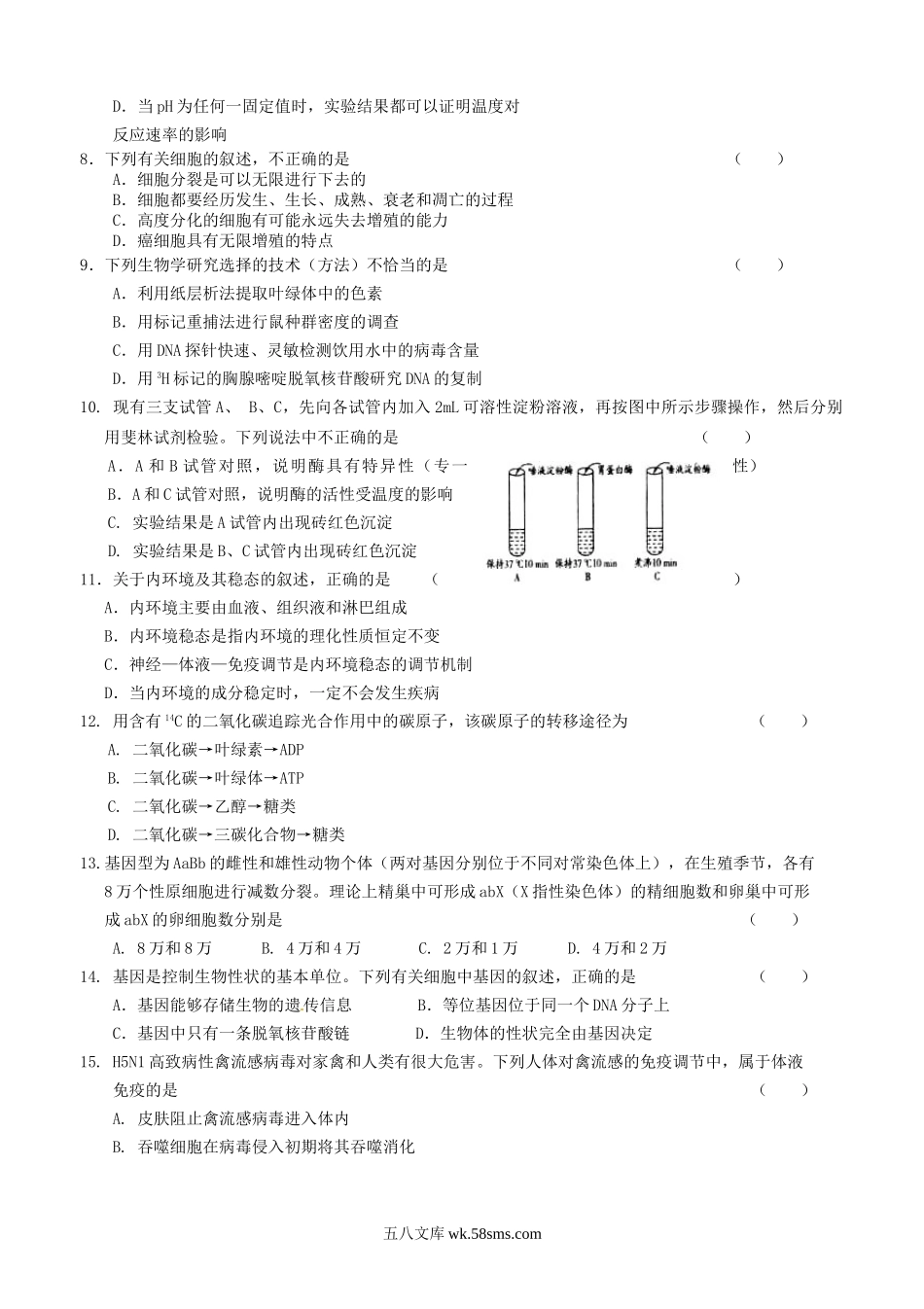 2015年山东普通高中会考生物考试真题.doc_第2页