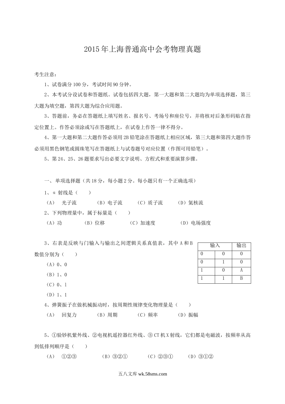 2015年上海普通高中会考物理真题.doc_第1页