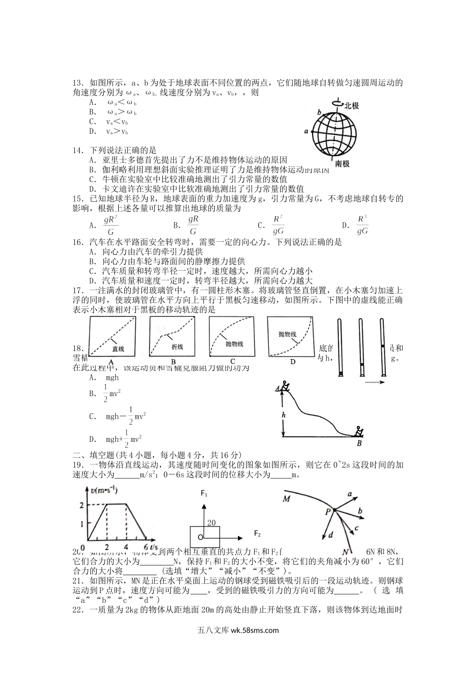 2017年河南普通高中会考物理真题及答案.doc_第2页