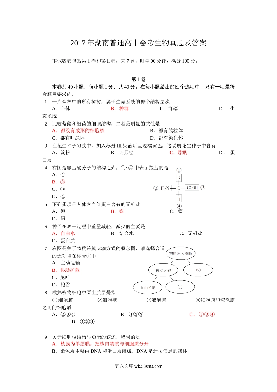 2017年湖南普通高中会考生物真题及答案.doc_第1页