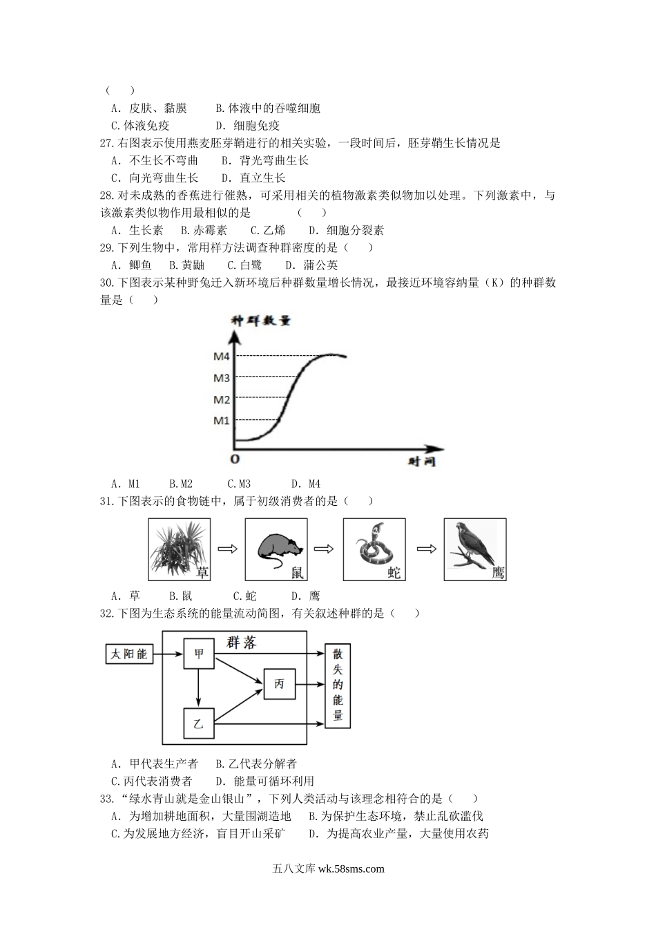 2018年江苏普通高中会考生物真题及答案.doc_第3页