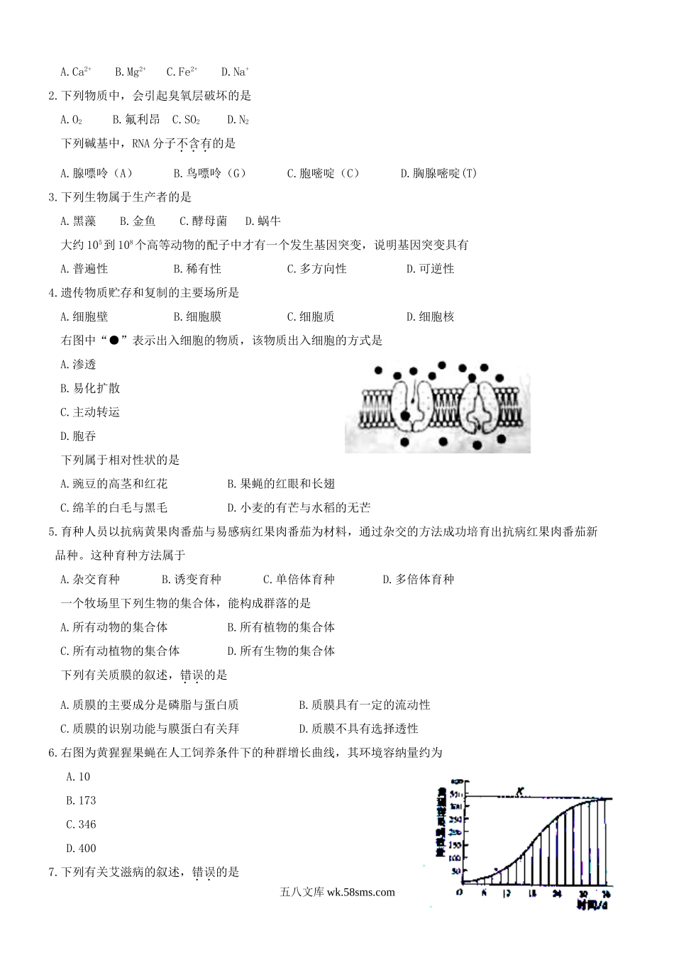 2019年浙江普通高中会考生物真题及答案.doc_第2页