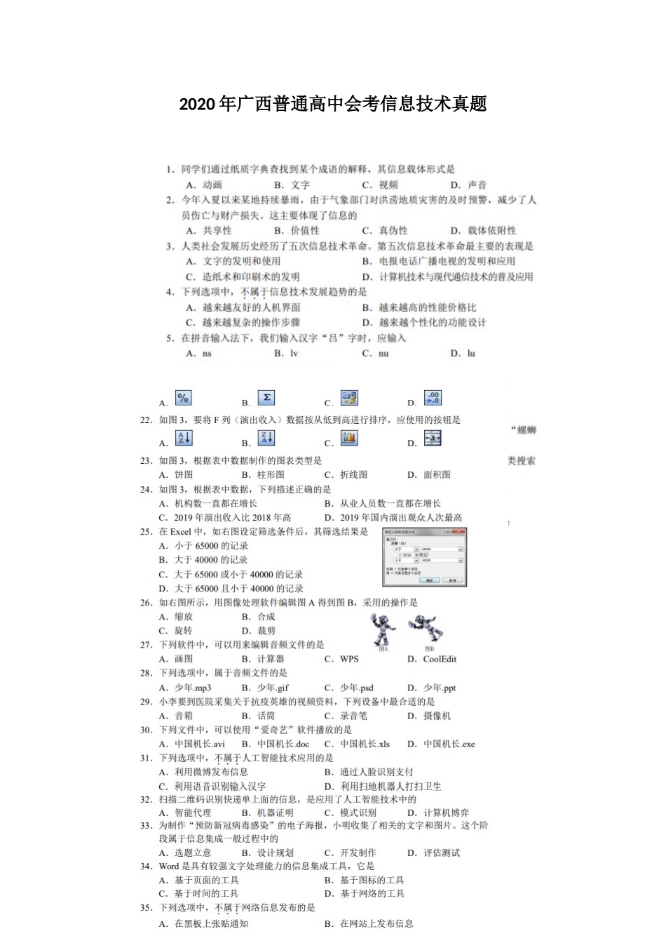 2020年广西普通高中会考信息技术真题.doc_第1页