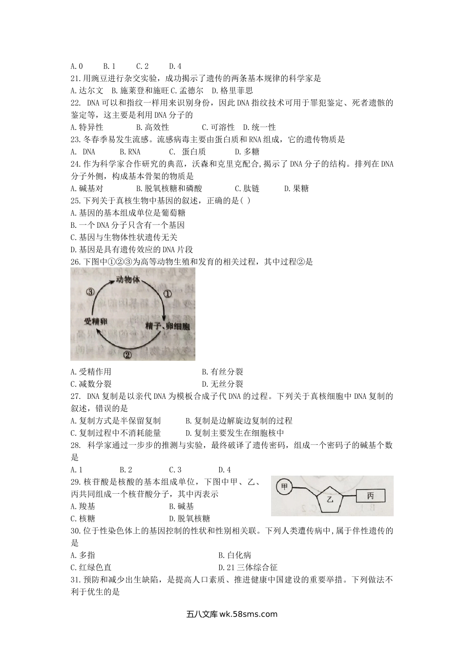 2020年江苏普通高中会考生物真题及答案.doc_第3页