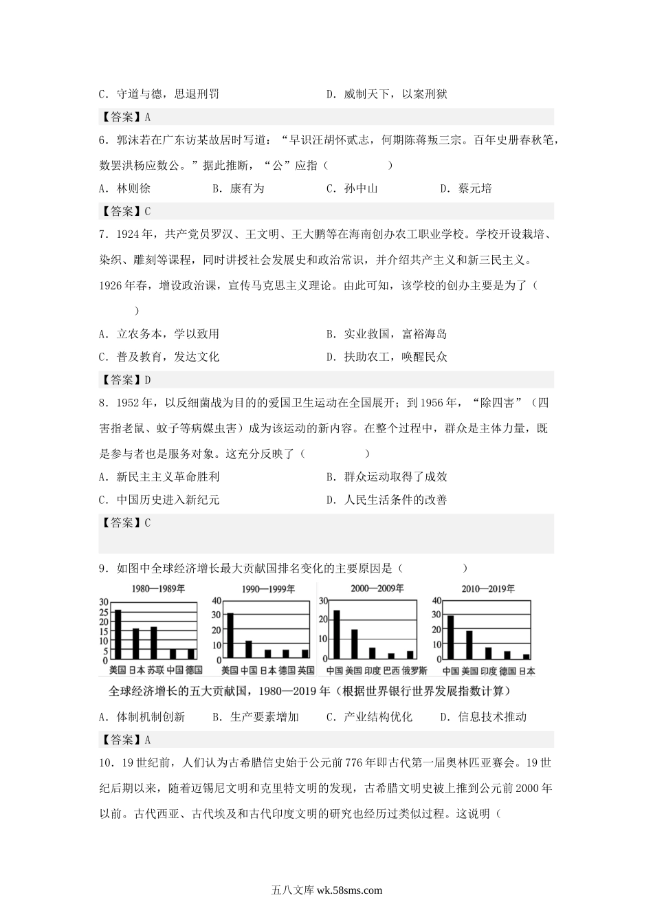 2022年海南普通高中学业水平考试历史试题及答案.doc_第2页