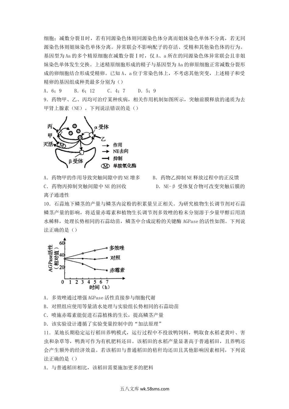 2022年山东普通高中学业水平等级考试生物试题及答案.doc_第3页