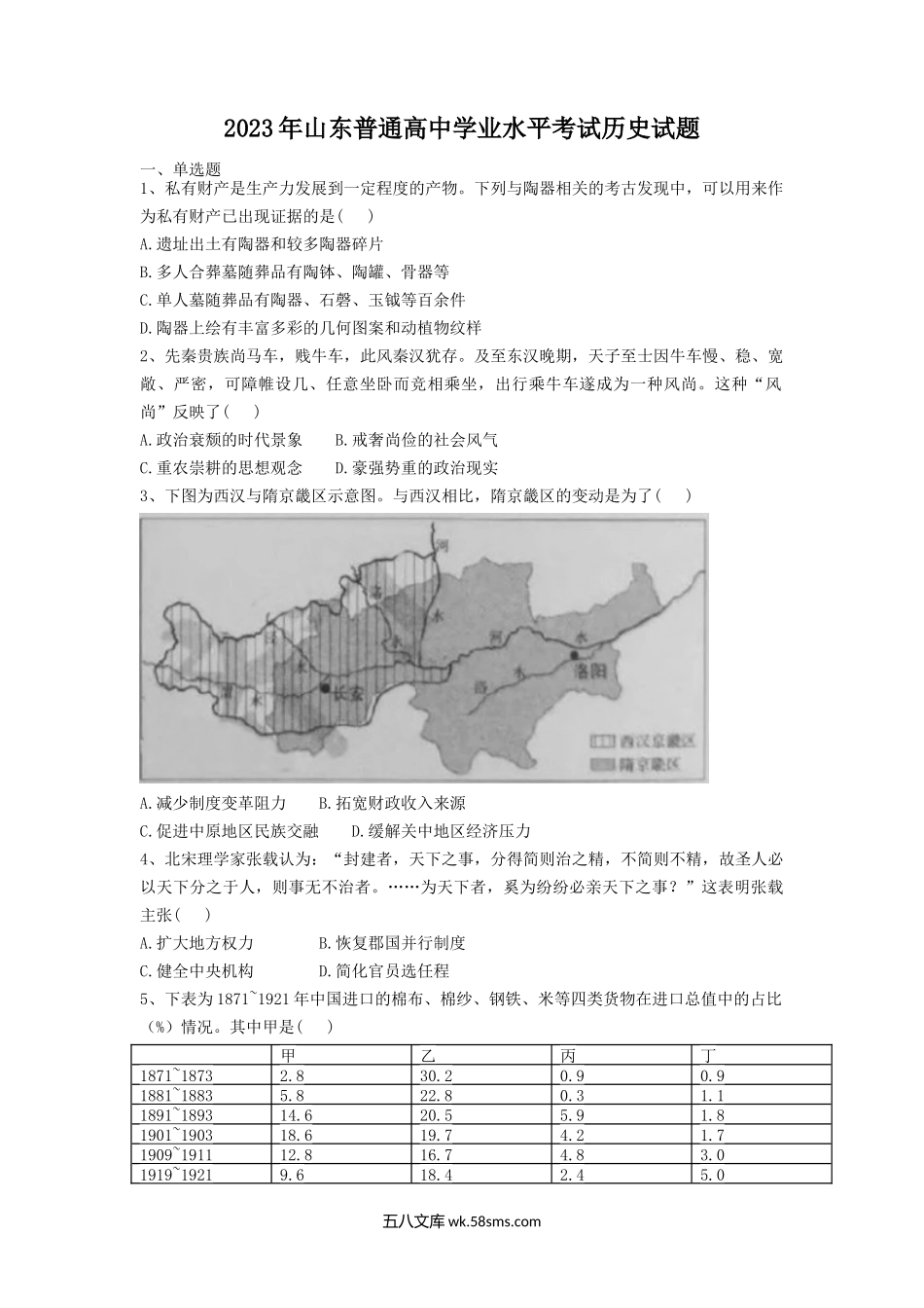 2023年山东普通高中学业水平考试历史试题.doc_第1页